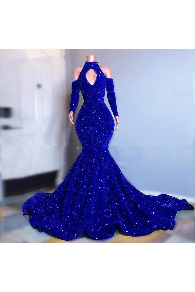 Vintage Gradient Blue Halter Mermaid Beaded Chiffon Long Prom Dress Evening Dress
