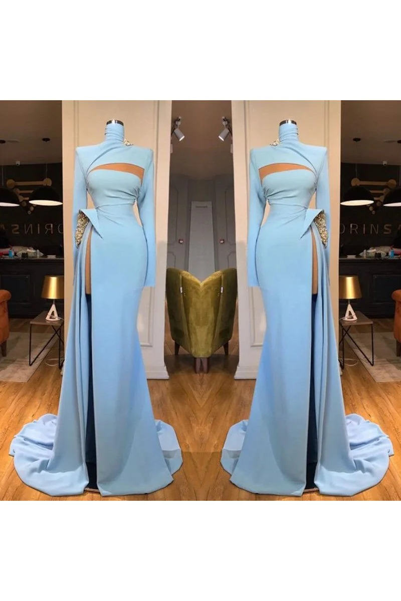 Royal Blue Sweetheart Pleated Side Slit Sheath Prom Dress with Scarf