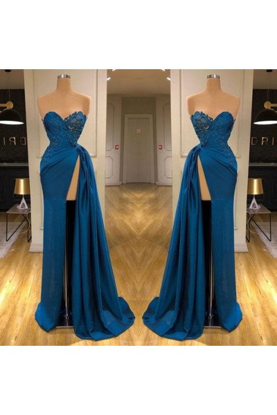 Fashion Dark Blue Sweetheart Side Slit Sheath Prom Dresses With Appliques