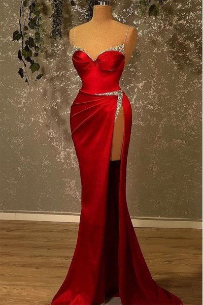 Charming Burgundy Spaghetti Straps Side Slit Sheath Prom Dresses With Crystal
