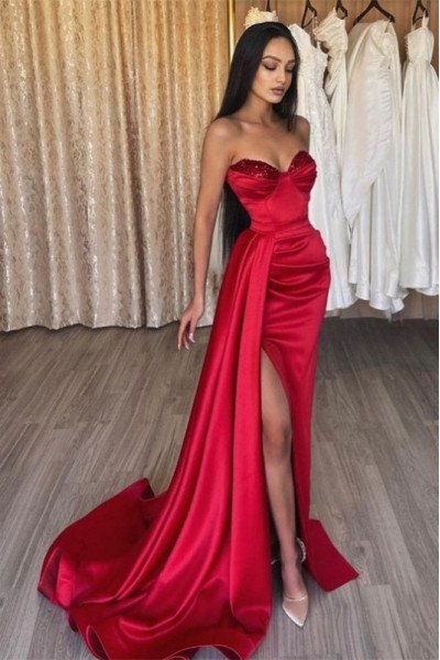 Sexy Burgundy Sweetheart Side Slit Sheath Prom Dresses With Court Train