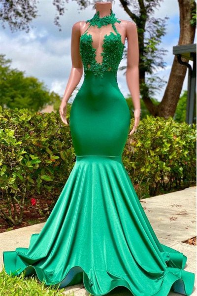 Sexy Green Halter Backless Mermaid Prom Dresses With Appliques