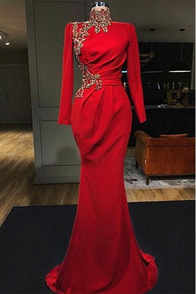 Classical Burgundy High Neck Long Sleeves Sheath Prom Dresses With Crystal