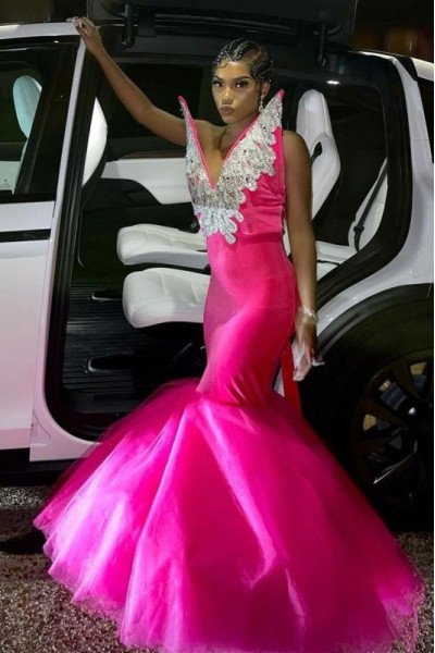 Fashion Fuchsia V-neck Puffy Layers Mermaid Prom Dresses With Appliques