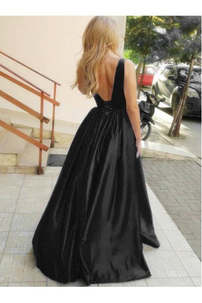 Simple Dark Navy V-neck Open Back A-line Evening Dresses