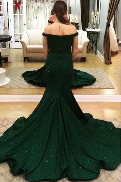 Elegant Dark Green Off Shoulder Sequins Sheath Evening Dresses With Court Train