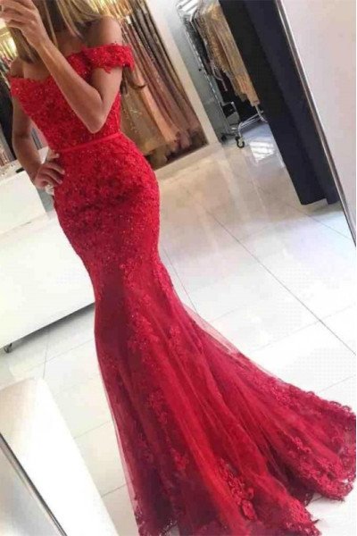Fashion Red Off Shoulder Sheath Evening Dresses With Appliques