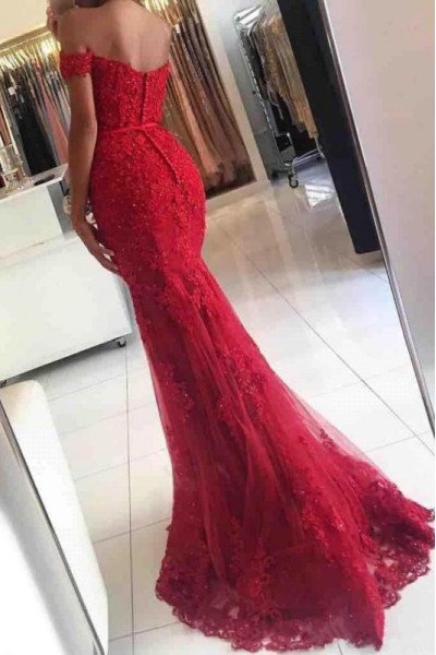 Fashion Red Off Shoulder Sheath Evening Dresses With Appliques