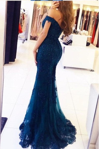 Modern Dark Blue Off Shoulder Sequins Sheath Evening Dresses