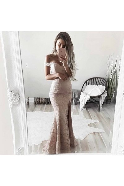 Charming Nude Pink Off Shoulder Side Slit Sheath Evening Dresses