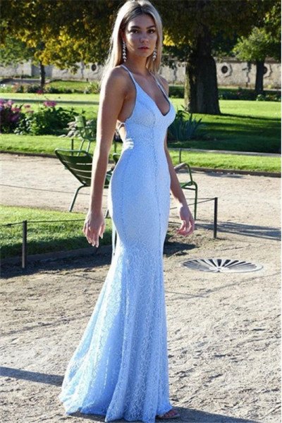 Simple Blue Spaghetti Straps Lace Sheath Evening Dresses Simple Blue Spaghetti Straps Lace Sheath Evening Dresses