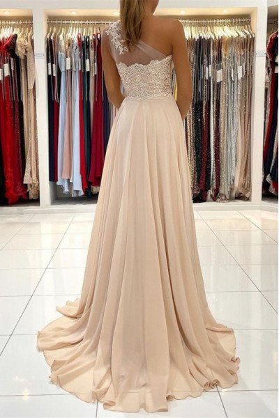 Modern Coral One Shoulder Side Slit A-line Evening Dresses With Appliques