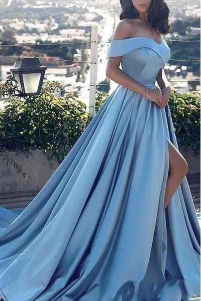 Elegant Blue Off Shoulder Front Slit A-line Evening Dresses