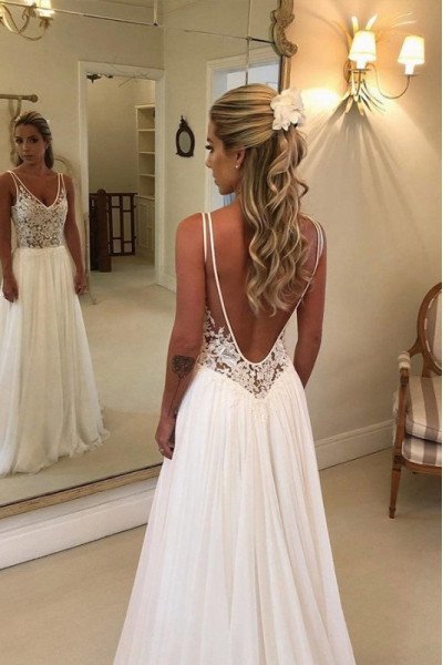 Chic V-neck Backless A-line Wedding Dresses With Appliques