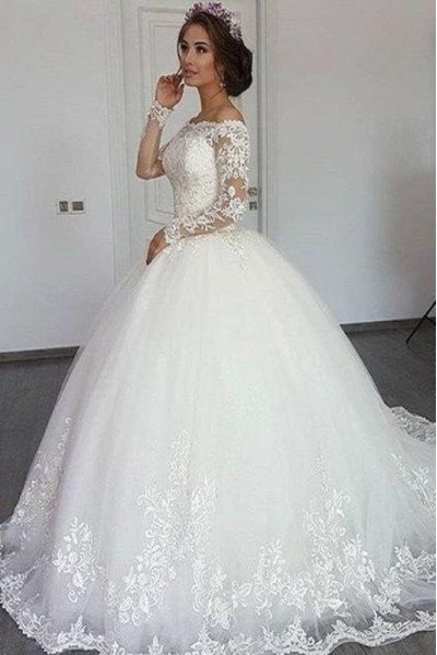 Gentle Off Shoulder Long Sleeves Appliques Ball Gown Wedding Dresses