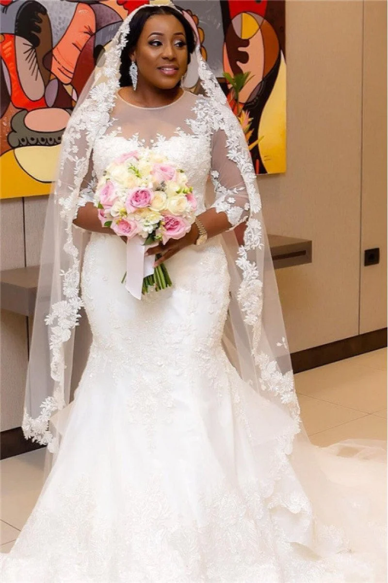 Wonderful Jewel Long Sleeves Plus Size Mermaid Wedding Dresses With  Appliques