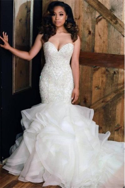 Generous Sweetheart Puffy Layers Mermaid Wedding Dresses With Crystal