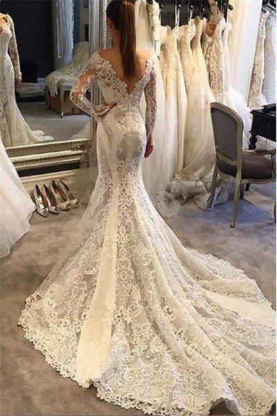 Modern V-neck Backless Chapel Train Lace Mermaid Wedding Dresses