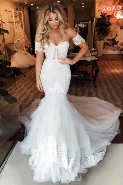 Mild Sweetheart Puffy Layers Appliques Mermaid Wedding Dresses With Chapel Train