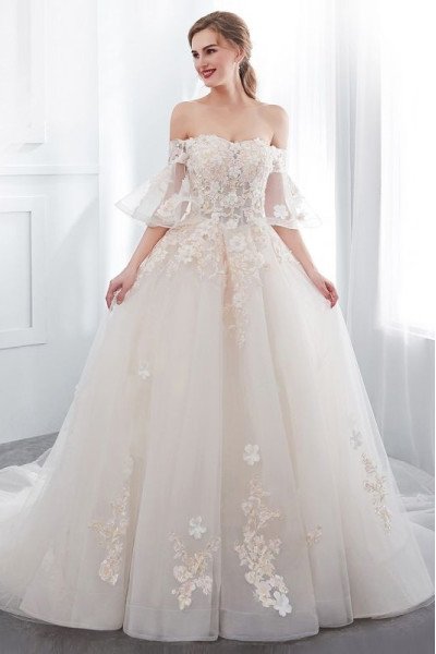 Alexia Lovely Off Shoudler Lace Up Chapel Train Ball Gown Wedding Dresses With Appliques Alexia Lovely Off Shoudler Lace Up Chapel Train Ball Gown Wedding Dresses With Appliques