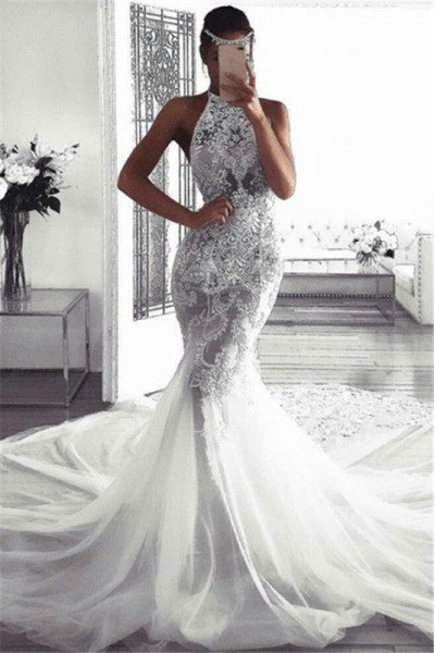 Alexia Halter Backless Royal Train Mermaid Wedding Dresses With Appliques Alexia Halter Backless Royal Train Mermaid Wedding Dresses With Appliques