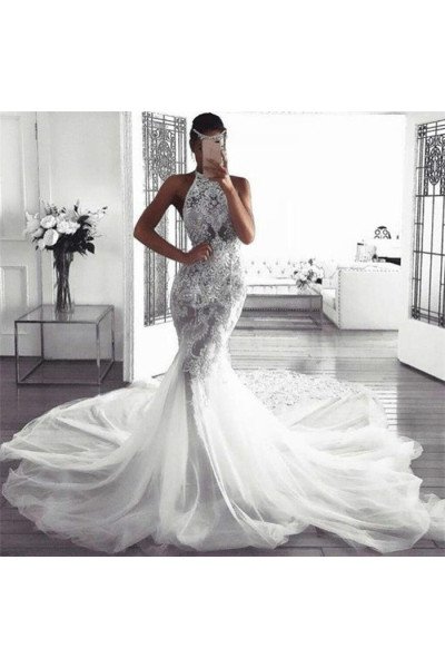 Alexia Halter Backless Royal Train Mermaid Wedding Dresses With Appliques Alexia Halter Backless Royal Train Mermaid Wedding Dresses With Appliques