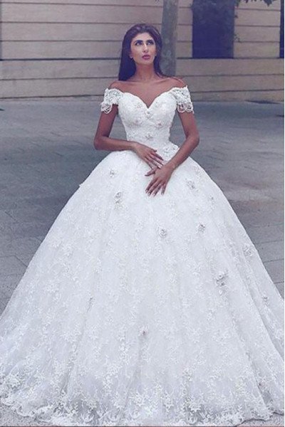 Andrea Decent Off Shoulder Flower Lace Ball Gown Wedding Dresses