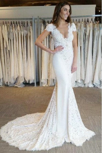 Ashley Mild V-Neck Court Train Open Back Appliques Sheath Wedding Dresses