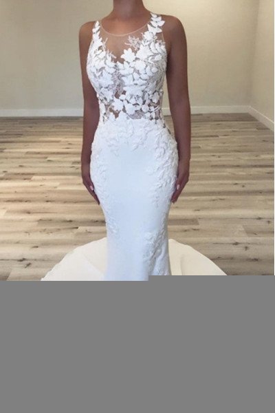 Audrey Lovely Jewel Open Back Court Train Sheath Wedding Dresses With Appliques
