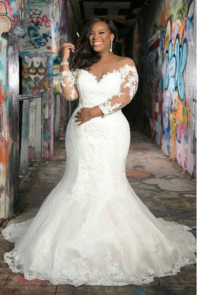 Bernice Wonderful Off Shoulder Long Sleeves Plus Size Lace Mermaid Wedding Dresses 
