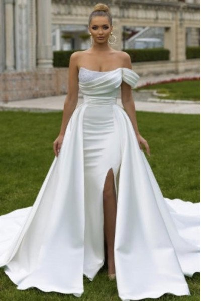 Bess Fancy Strapless Side Slit Crystal Sheath Wedding Dresses With Panel Train