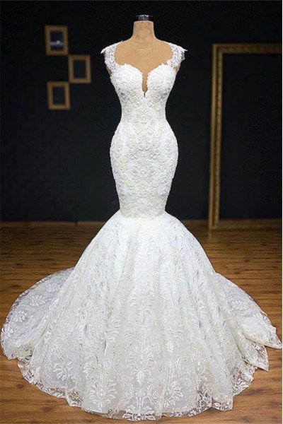 Betsy Beautiful Jewel Open Back Lace Mermaid Wedding Dresses With Court Train