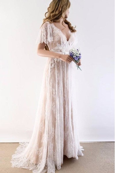 Chloe Sexy V-Neck Backless Brush Train Lace Sheath Wedding Dresses
