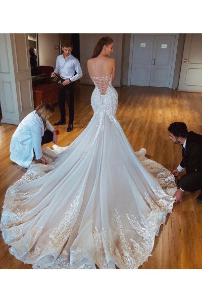 Constance Gorgeous Strapless Open Back Mermaid Wedding Dresses With Appliques
