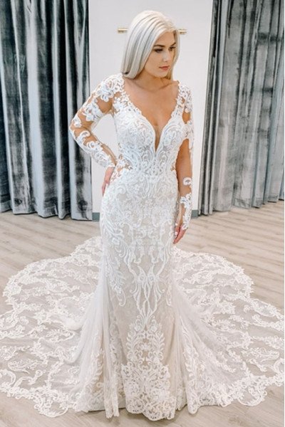 Cornelia Modern V-Neck Long Sleeves Lace Sheath Wedding Dresses With Chapel Train