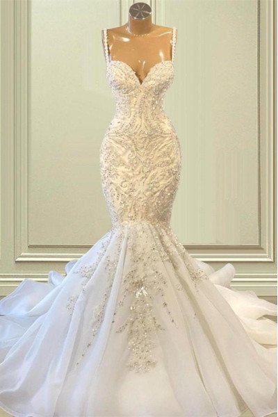 Delia Luxury Spaghetti Straps Appliques Beading Mermaid Wedding Dresses With Crystal