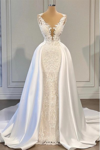 Dolores Chic V-Neck Open Back Beading Lace Sheath Wedding Dresses With Panel Train