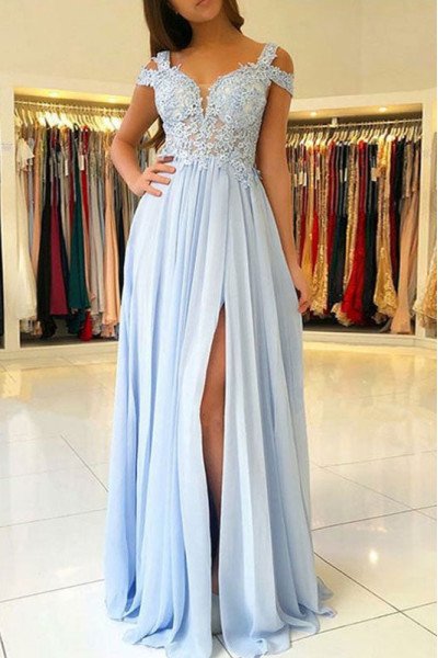 Alva Gentle Sky Blue Off Shoulder Side Slit Appliques Sheath Evening Dresses