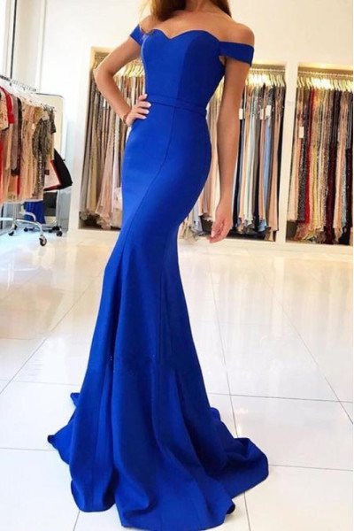 Andrea Beautiful Royal Blue Off Shoulder Court Train Mermaid Evening Dresses