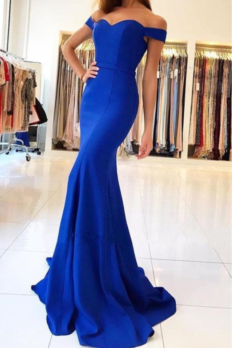 Andrea Beautiful Royal Blue Off Shoulder Court Train Mermaid Evening Dresses