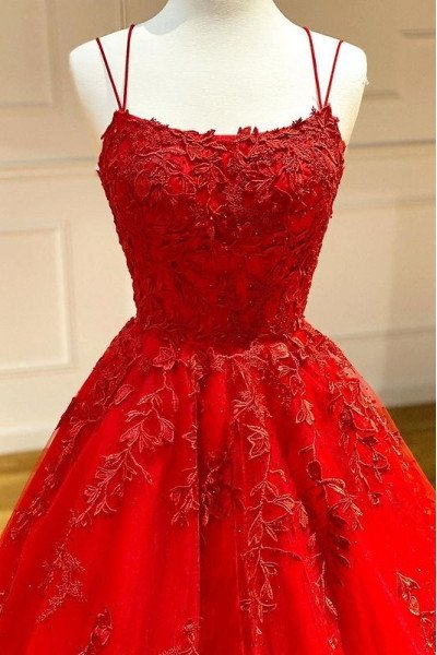 Andrea Chic Red Spaghetti Straps Open Back A-Line Evening Dresses With Appliques