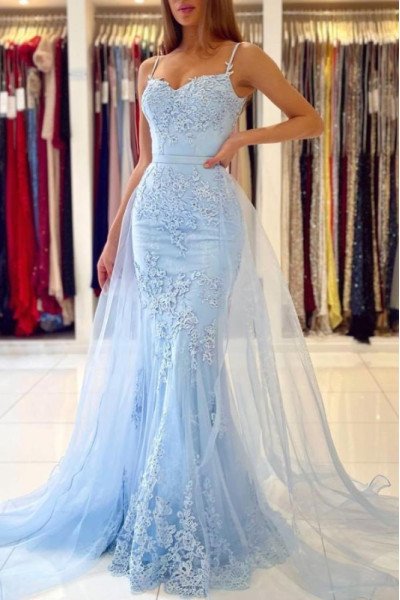 Ann Elegant Sky Blue Spaghetti Straps Appliques Sheath Evening Dresses With Panel Train