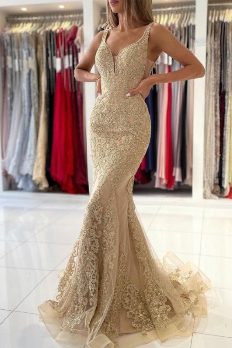 Arthur Elegant Champagne V-Neck Backless Lace Mermaid Evening Dresses