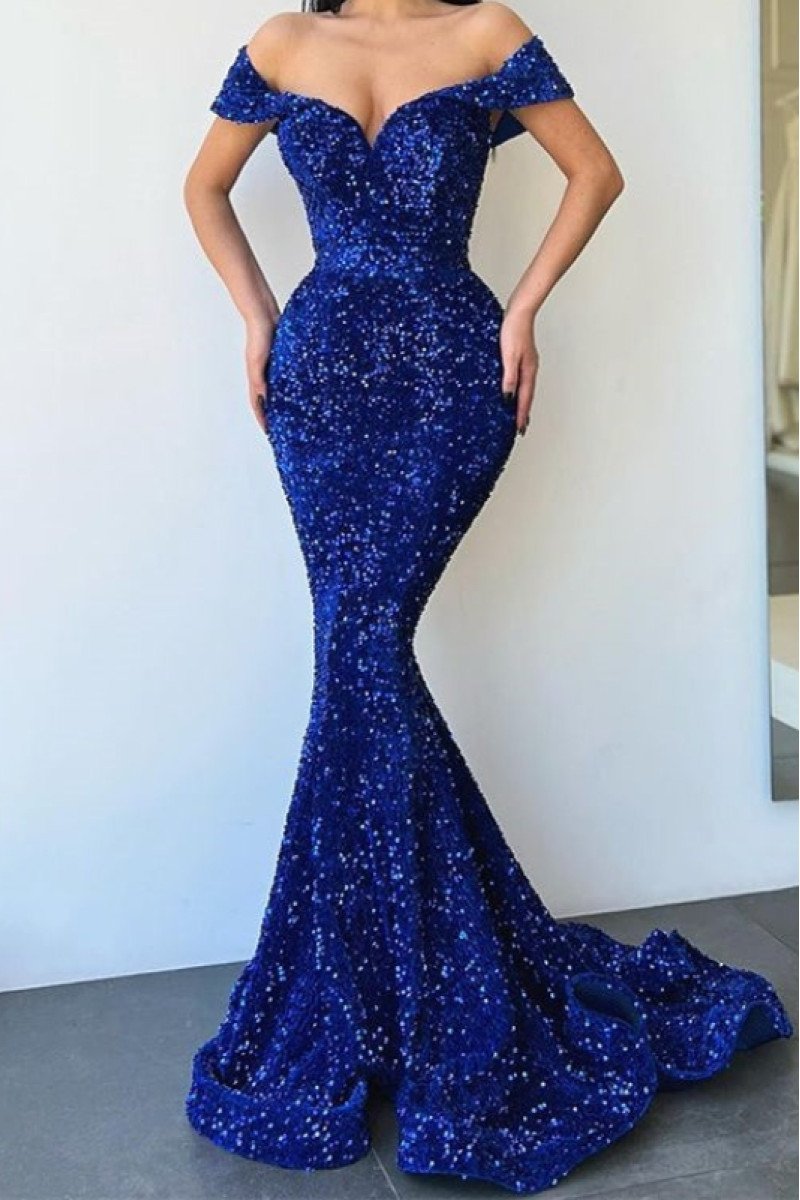 Ashley Sparkle Royal Blue Sequins Off Shoulder Mermaid Evening Dresses