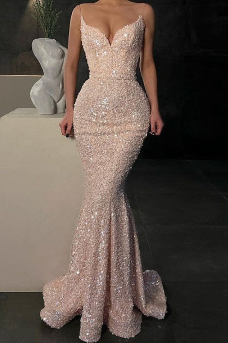 Athena Sparkle Pink Spaghetti Straps Backless Mermaid Sequins Evening Dresses