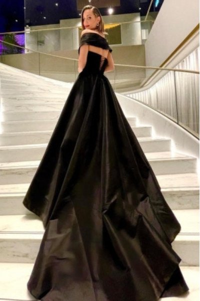 Betsy Handsome Black Off Shoulder Side Slit Open Back A-Line Evening Dresses With Court Train