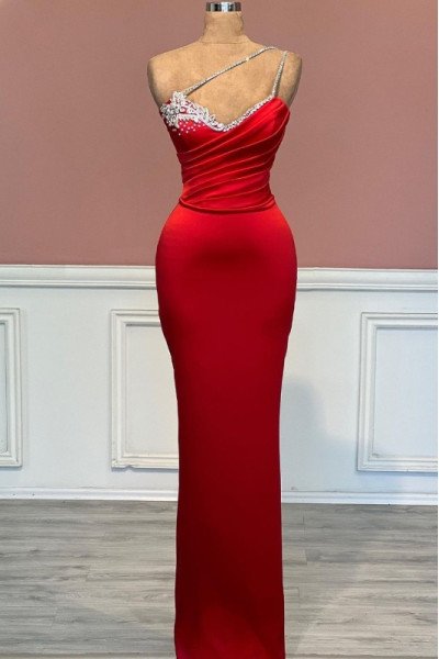 Angelina Fancy Red One Shoulder Backless Beading Sheath Prom Dresses