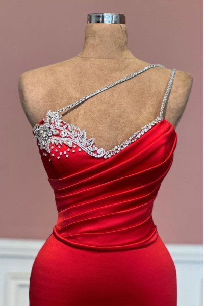Angelina Fancy Red One Shoulder Backless Beading Sheath Prom Dresses