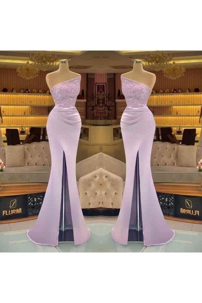 Debby Beautiful Lilac Strapless Side Slit Beading Mermaid Prom Dresses