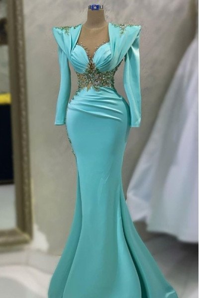 Allison Elegant Jade Square Long Sleeves Beading Mermaid Prom Dresses With Crystal